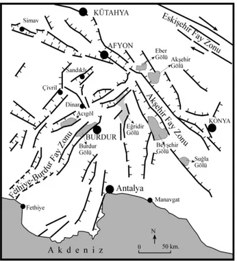 Şekil 3.  Burdur Havzası ve çevresindeki fay hatları haritası (Bozkurt, 2001). 