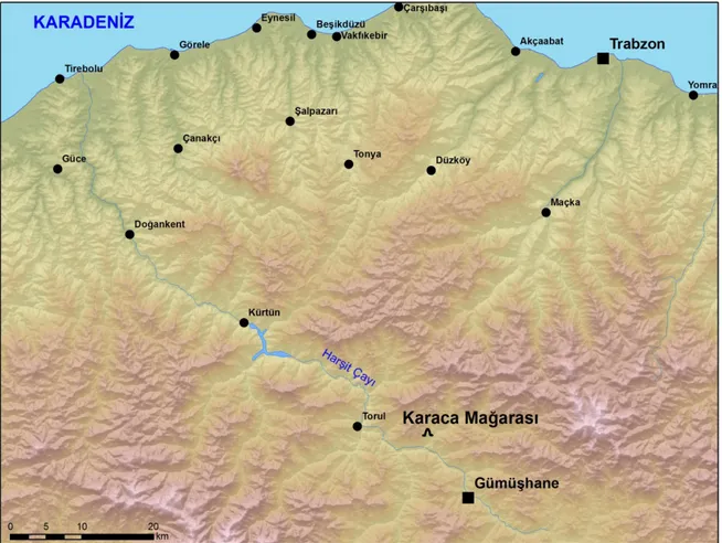 Şekil 1. Karaca Mağarası’nın lokasyonu. Mağara (40º32’39’’ K, 39º24’10’’ D) Gümüşhane’nin Torul ilçesine bağlı  İkisu  köyü yakınlarında bulunur