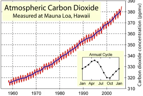 Figure 1. Increase in the carbon dioxide amount in the atmosphere by years (Anonim 2008f)
