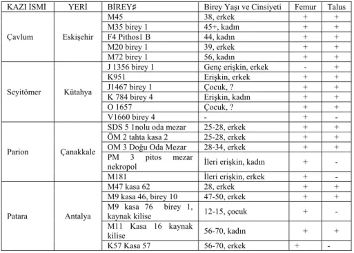 Tablo 2. Kazı alanlarına göre seçilen bireyler ve kemik örnekleri 