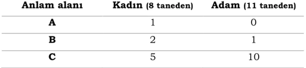 Tablo 5: “-AcAK* kadın/adam” örüntüsü için anlam alanları ve sıklıkları  Anlam alanı  Kadın  (8 taneden) Adam  (11 taneden)