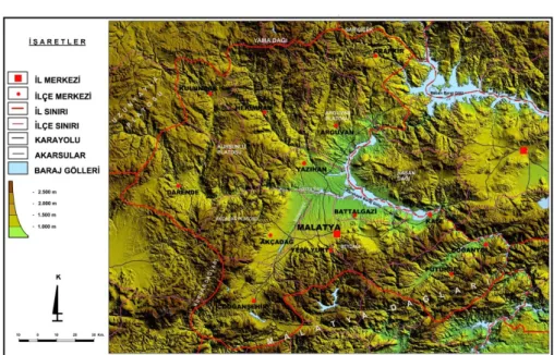 Şekil 2: Malatya ili ve çevresinin relief haritası. 