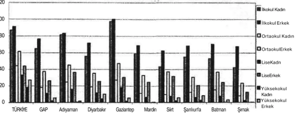 Şekil 5: GAP İllerinde cinsiyete göre öğretim kurumlarında okullaşma  oranları (%) (1995-1996) 