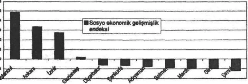 Şekil 10: Türkiye'de gelişmiş illere göre Güneydoğu Anadolu İllerinin sosyo­ ekonomik gelişmişlik sıralaması-(1996) 