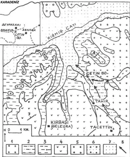 Şekil 1 — Çetin Boğazı çevresinin jeolojik haritası. 1. Siyenit-Diyorit-aplit, 2. Kırmızı alaca  renkli, kil, kum ve çakıllı karasu-göl serisi (Alt Pliyosen), 3