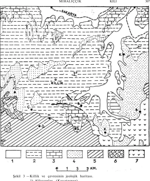 Şekil 3 —Killik ve çevresinin jeolojik haritası.  1) Alüvyonlar (Kuvaterner), 
