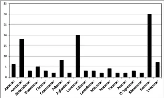 Şekil 1. Geleneksel tedavide diyabet için en çok kullanılan familyalar ( sadece tek bir tür ile  temsil edilen familyalar grafiğe alınmamıştır