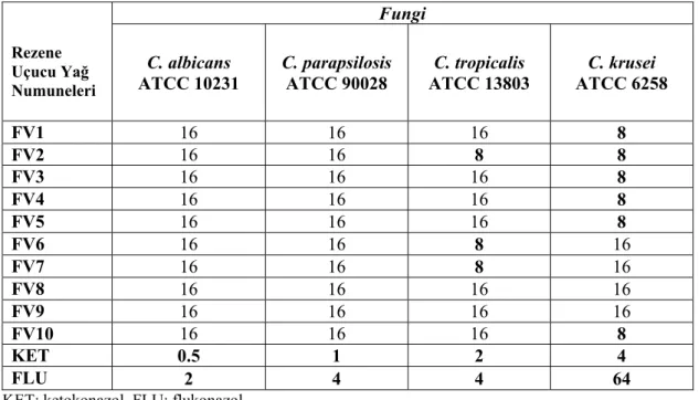 Tablo 6. Rezene uçucu yağ numunelerinin maya benzeri funguslara karşı minimum inhibisyon  konsantrasyon (MİK; µg/ml) değerleri