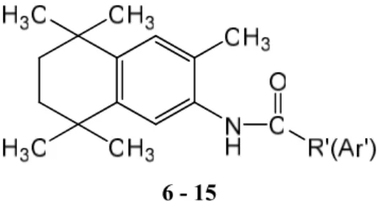 Tablo 1. N-(3,5,5,8,8-pentametil-5,6,7,8-tetrahidronaftalen-2-il)-karboksamid türevi bileşiklerin (6-15)  RXRα proteinine ADT 4.0 kullanılarak yapılan doking çalışmaları sonucunda elde edilen serbest bağlanma 