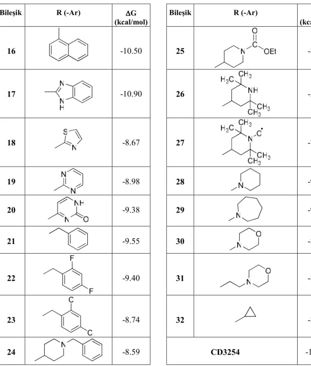 Tablo 2.  RXR Agonisti CD3254 ve 5,5,8,8-Tetrametil-5,6,7,8-tetrahidronaftalen-2-karboksamid türevi  bileşiklerin (16-32) RXRα proteinine ADT 4.0 kullanılarak yapılan doking çalışmaları sonucunda elde edilen 