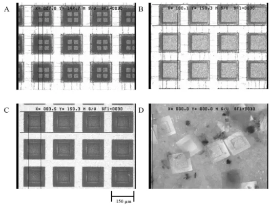 Şekil 10:  Farklı boyuttaki depolarla imal edilen PMMA mikrocihazları (150 µm * 150µm * 3µm):A) 25µmX25 