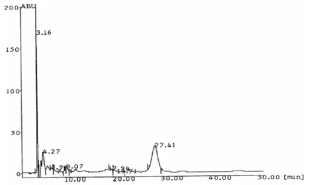 Figure 3: Chromatogram of  oleuropein (t R = 27.41 min) in the branches of Olea europaea var
