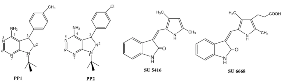 Şekil 1.  Lck ve c-Src  inhibitörü PP1, PP2 ve VEGF-R (Flk-1/KDR ve Flt-1) inhibitörü  SU 5416, SU 6668 