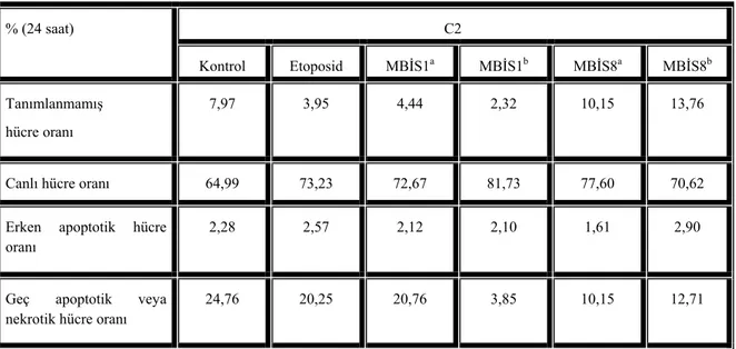 Tablo 2. Benzen türevleri ile stimüle edilen erken apoptotik C2 hücre oranları.  C2 % (24 saat)  Kontrol Etoposid MBİS1 a MBİS1 b MBİS8 a MBİS8 b Tanımlanmamış   hücre oranı  7,97 3,95 4,44 2,32 10,15  13,76 