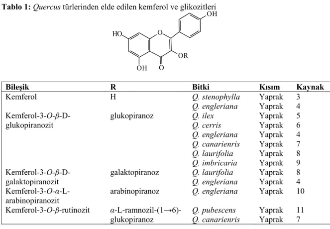 Tablo 1: Quercus türlerinden elde edilen kemferol ve glikozitleri