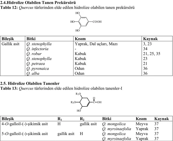 Tablo 12: Quercus türlerinden elde edilen hidrolize olabilen tanen prekürsörü
