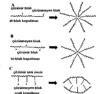 Şekil 1: Farklı tipte amfıfılik kopolimerlerden misel oluşumunun mekanizması [2] 