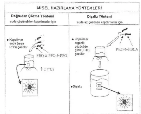 Şekil 2: Blok kopolimer misellerin hazırlanmasında uygulanan iki temel yöntemin şematik gösterimi