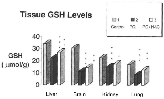 Figure 4. Effects of PQ, NAC and PQ+NAC on GSH levels in mice tissue. 