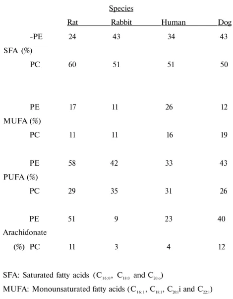 Table 5. Percentage of SFA. MUFA, PUFA and arachidonate in RBC membrane PE and PC  Species 