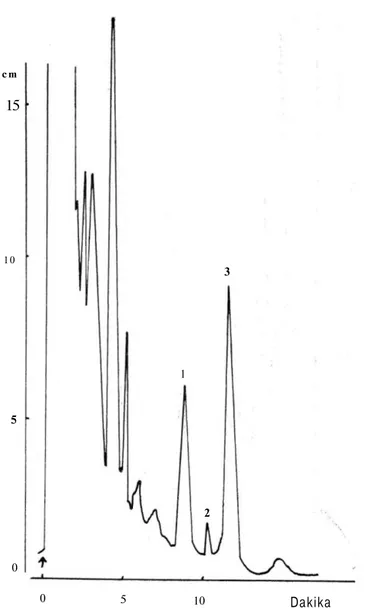 Şekil 3. İlaç kullanan bir erkek idrarından elde edilen ekstraktın gaz-sıvı kromatografi- kromatografi-sindeki kromatogramı 1- Metiltestosteron 2- Epitestosteron asetat 3- Testosteron 