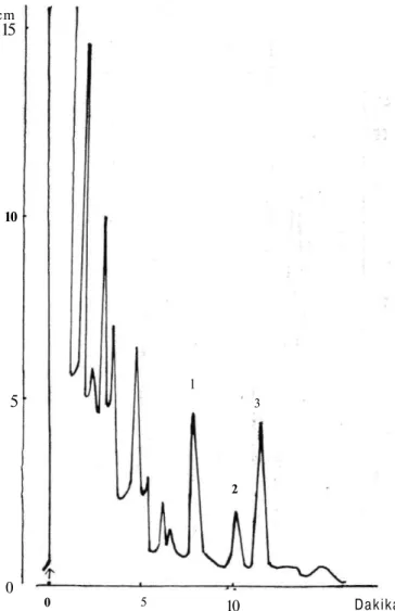 Şekil 2. Erkek idrarından elde edilen ekstraktın gaz-sıvı kromatografisindeki kromatog- kromatog-g r a m ı l - Metiltestosteron 2- Epitestosteron asetat 3- Testosteron asetat 