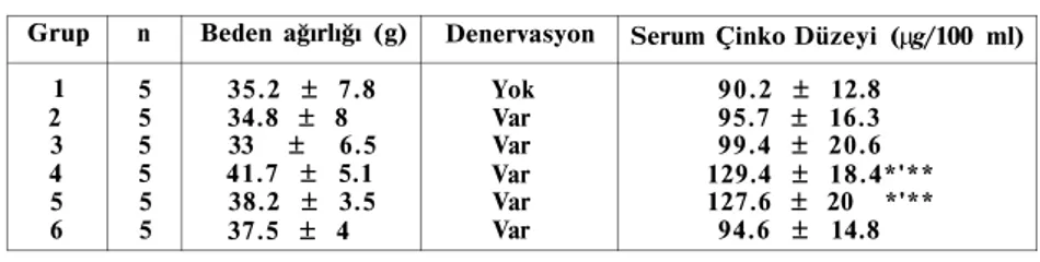 Tablo I. Normal ve Denerve Farelerde Serum Çinko Düzeylerinin Karşılaştırılması  Grup  n  Beden ağırlığı (g)  Denervasyon  Serum Çinko Düzeyi (µg/100 ml) 