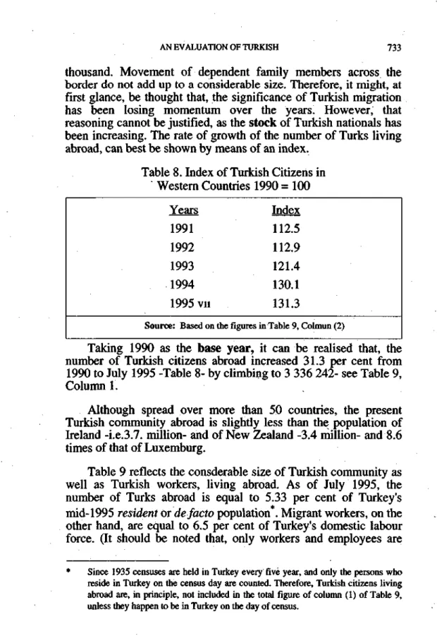 Table 8. Index of Turkish Citizens in  Western Countries 1990 = 100  Years  1991  1992  1993  1994  1995 vıı  Index 112.5 112.9 121.4 130.1 131.3 