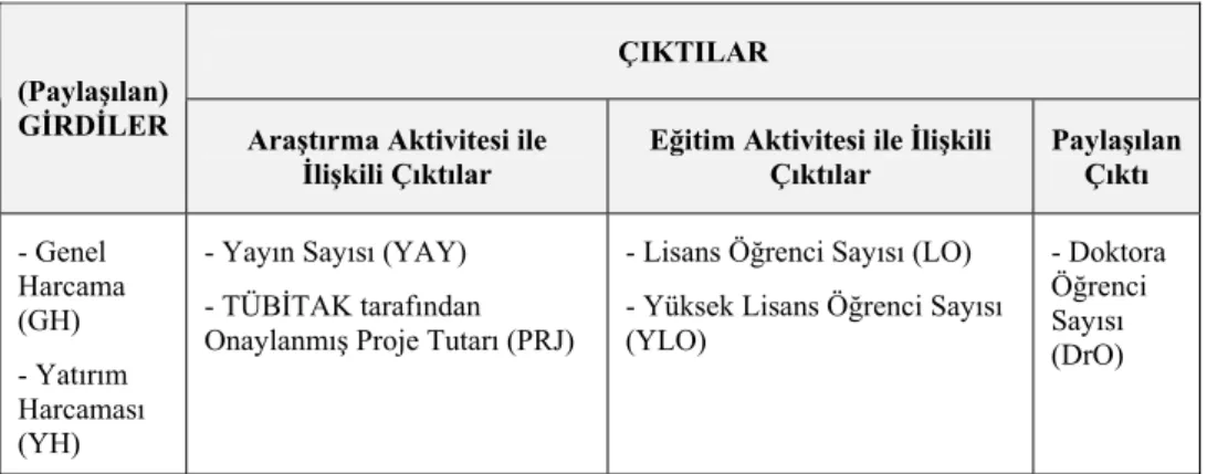 Tablo 2. Modelde Kullanılan Girdi ve Çıktılar* 