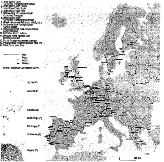 Figure 3. The balaneed polyeentrie spatial development o/ urban strueture shown by A and the map 0/14 priority projeets o/Trans-European Transport Network shown by B