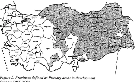 Figure 5. Provinces defined as Primary areas in development Source: DPT, 2004.