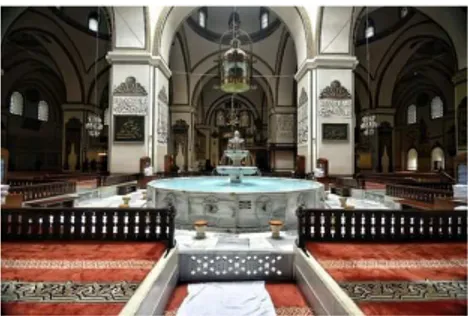 Figure 7. Water fountain inside the praying hall of the Ulu Cami in Bursa, Turkey (https://www.pinterest.com)  With the technical and infrastructural development of cities, water supply systems were introduced and every newly built  structure had access to