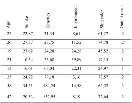 Table 7. Sample data set for the model consisting of inputs and outputs.  Age  Smoke  Genetics Environment  Skin color  Output result  24  22,87  31,34  8,61  61,27  2  26  27,57  23,75  11,52  74,78  2  19  27,62  24,28  24,28  45,52  2  21  10,54  23,68 