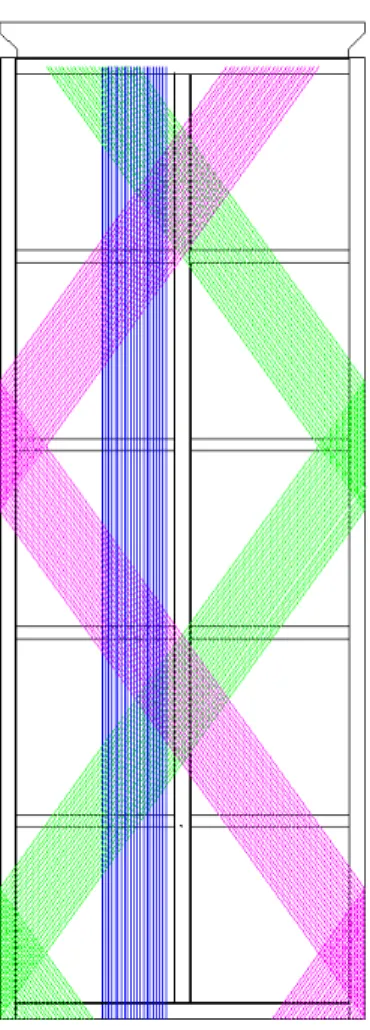 Figure 3 : Sketch of a ProtoDUNE-SP APA, showing portions of the U (green), V (magenta), the induction layers; and X (blue), the collection layer, to accentuate their angular relationships to the frame and to each other