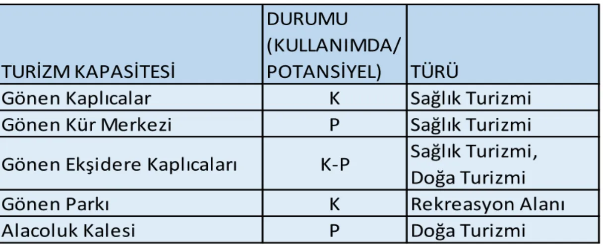 Tablo 1: Bölgede Turizm Potansiyeli Değerlendirmesi 