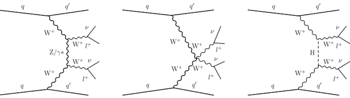 Fig. 1. Illustrative Feynman diagrams of VBS processes, where W bosons are radiated from incoming quarks (q), contributing to the EW-induced production of events containing two forward jets and W ± W ± boson pairs decaying to leptons