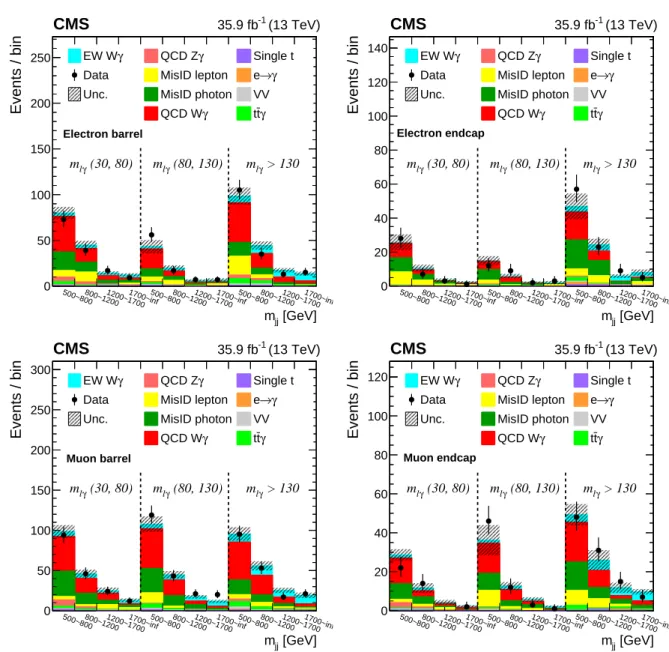 Figure 3: The 2D distributions used in the fit for the signal strength of EW Wγ+2 jets for events in the electron barrel (upper left), electron endcap (upper right), muon barrel (lower left), and muon endcap (lower right)