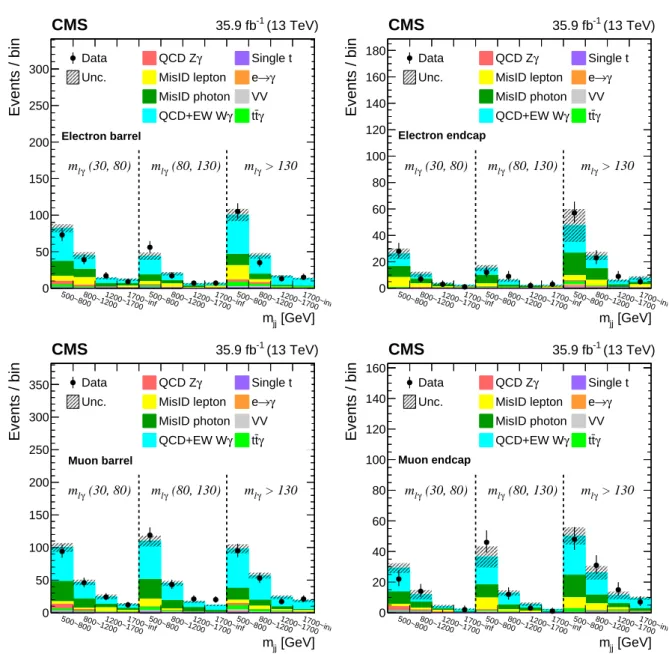 Figure 4: The 2D distributions used in the fit for the signal strength of EW+QCD Wγ+2 jets in the electron barrel (upper left), electron endcap (upper right), muon barrel (lower left) and muon endcap (lower right)