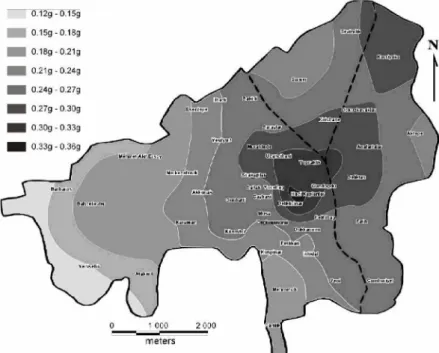 Figure 8. Expected peak ground accelerations in Denizli after a probable earthquake on Pamukkale  fault (Kaplan et al., 2006)
