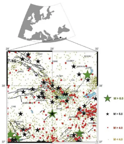 Figure 2. Earthquake epicenters occurred around Denizli since 1900 (KOERI). 