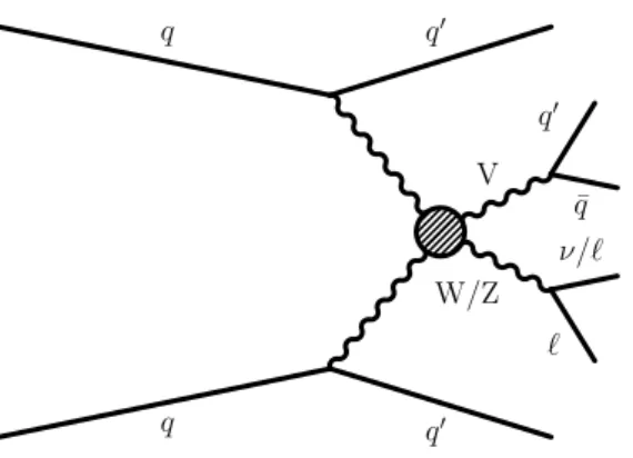 Figure 1: The Feynman diagram of a VBS process contributing to the EW-induced production of events containing a hadronically decaying gauge boson (V), a W ± /Z boson decaying to leptons, and two forward jets