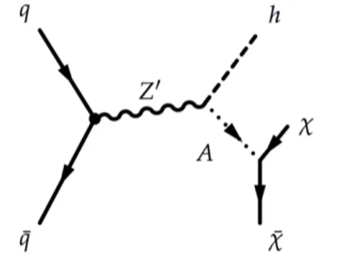 Figure 1: Leading order Feynman diagram of the Z 0 -2HDM “simplified model”. A pseu- pseu-doscalar boson A decaying into invisible dark matter is produced from the decay of an on-shell Z 0 resonance