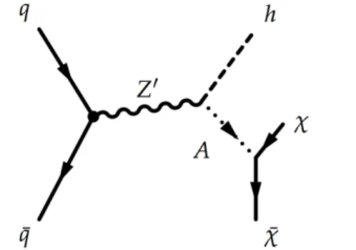 Figure 1: Leading order Feynman diagram of the Z 0 -2HDM “simplified model”. A pseu- pseu-doscalar boson A decaying into invisible dark matter is produced from the decay of an on-shell Z 0 resonance