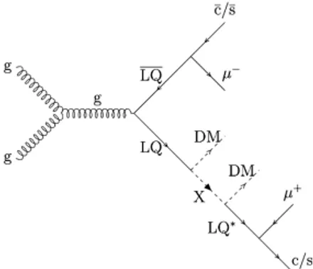 Fig. 1. An example Feynman diagram for the signal process considered in this study, where g is a gluon, LQ a leptoquark, DM a dark matter particle, an X a new Dirac fermion