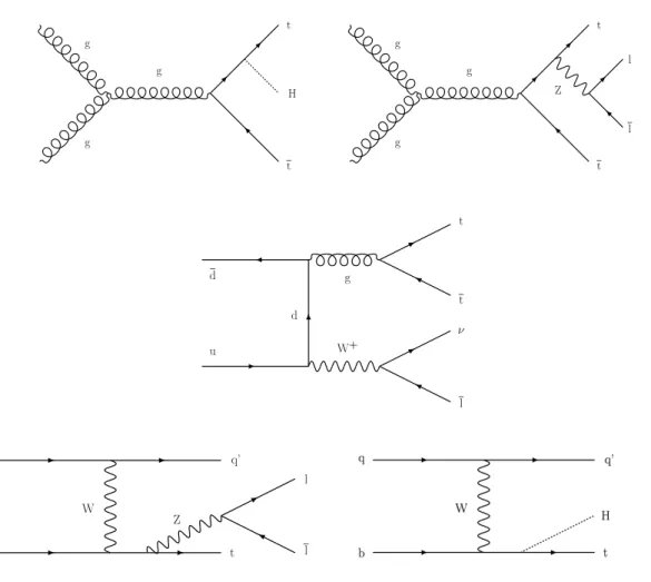 Figure 1: Example diagrams for the five signal processes considered in this analysis: ttH, ttll, ttlν, tllq, and tHq.