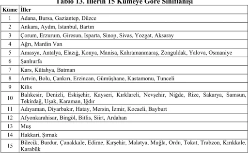 Tablo 13. İllerin 15 Kümeye Göre Sınıflanışı 