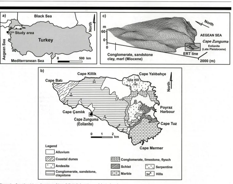 Figure 1. Location (a), geology map (b), and digital elevation model (c) of study area.