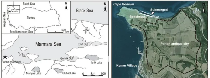Figure 1. Location map of study area (a) and closer view of studied beach on Google Earth image (b).