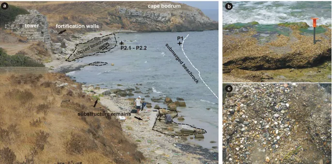 Figure 2. General view of northern coast of Parion showing exposed and submerged beachrock (a), and closer views from exposed beds (b, c).