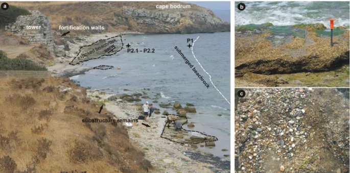 Figure 2. General view of northern coast of Parion showing exposed and submerged beachrock (a), and closer views from exposed beds (b, c).